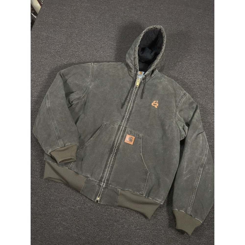 VTG Carhartt Jacket Men Large Green MOS J68 Hood Full Zip Active Quilted Canvas